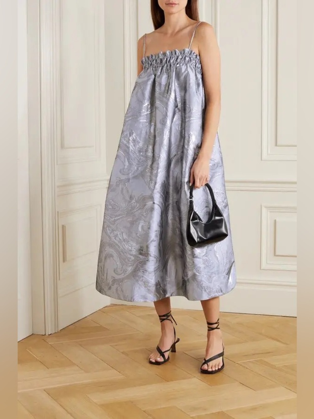 Ganni Shiny Jaquard Smocked Midi Dress 38